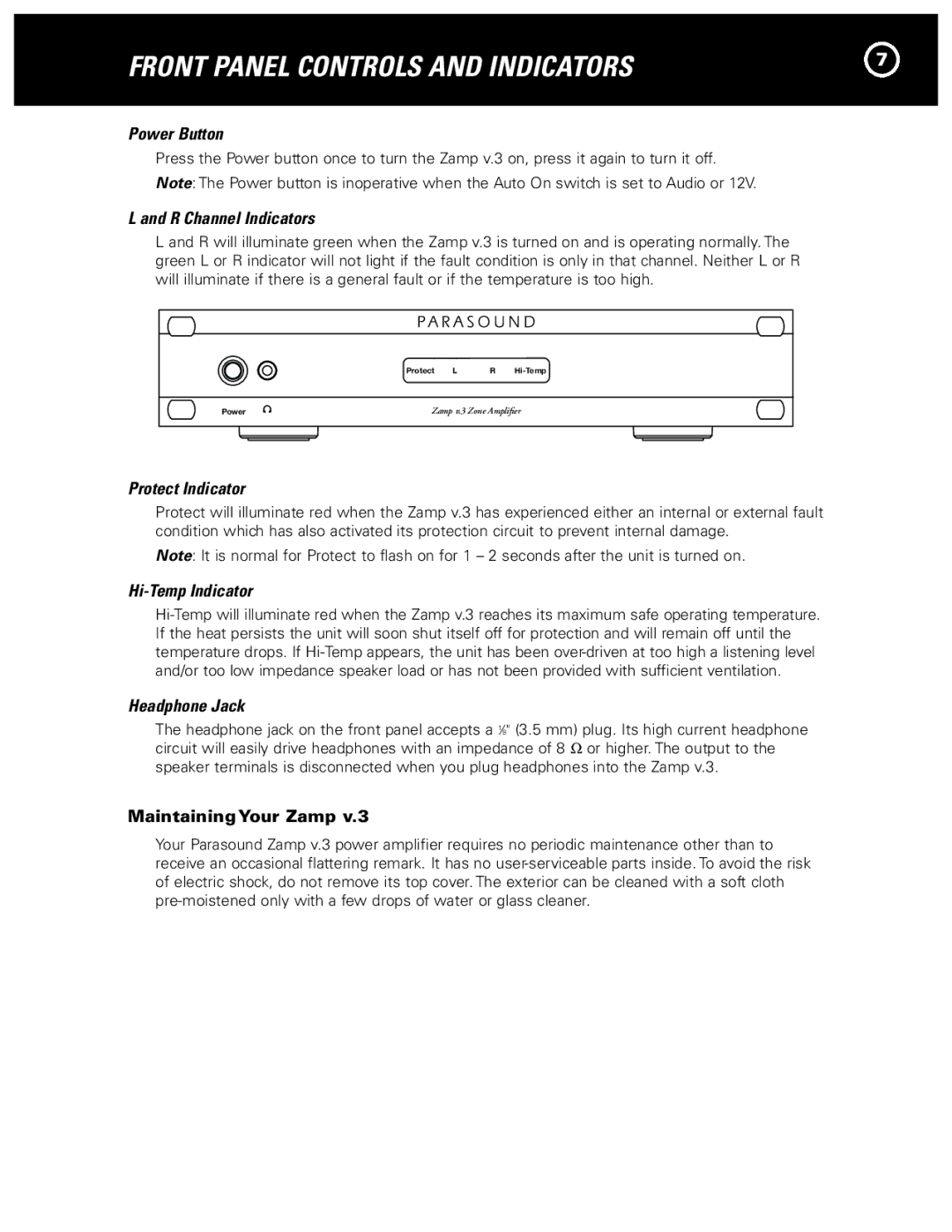 Parasound Zamp v.3 manual Front Panel Controls and Indicators 