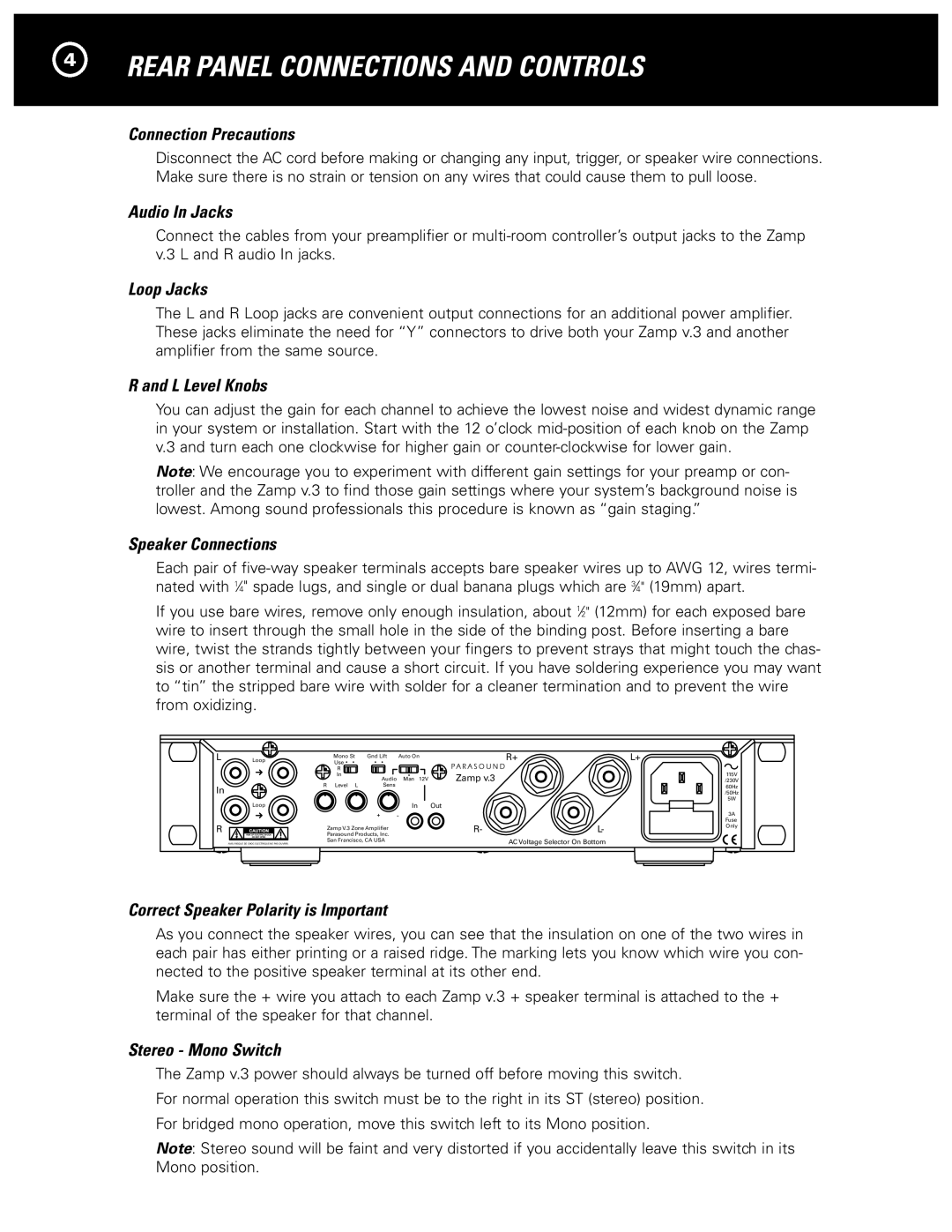 Parasound Zamp v.3 manual 4REAR PANEL CONNECTIONS AND CONTROLS, Connection Precautions, Audio In Jacks, Loop Jacks 