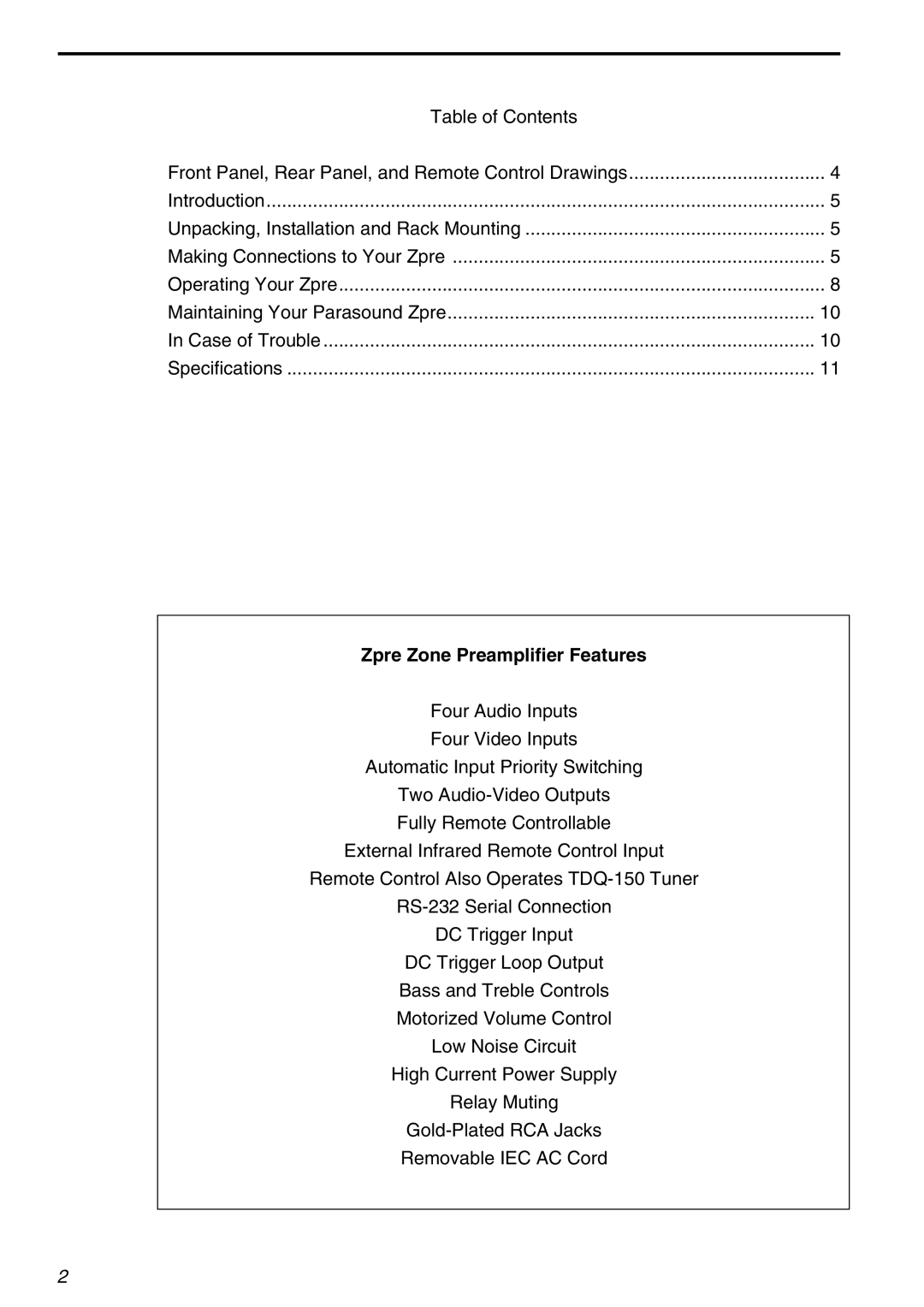 Parasound owner manual Zpre Zone Preamplifier Features 