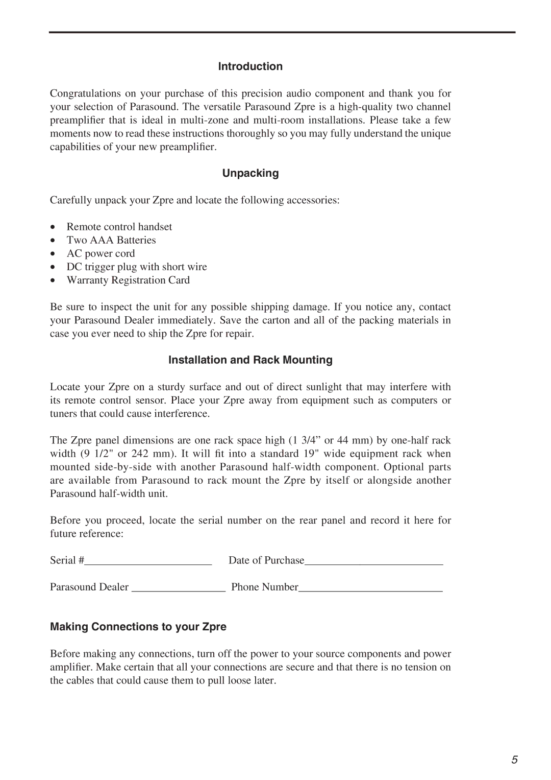 Parasound Zpre Zone owner manual Introduction, Unpacking, Installation and Rack Mounting, Making Connections to your Zpre 