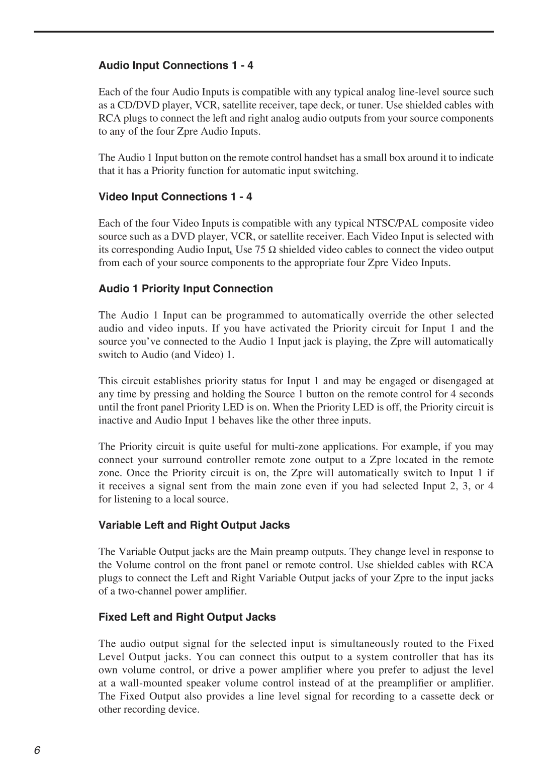 Parasound Zpre Zone owner manual Audio Input Connections 1, Video Input Connections 1, Audio 1 Priority Input Connection 