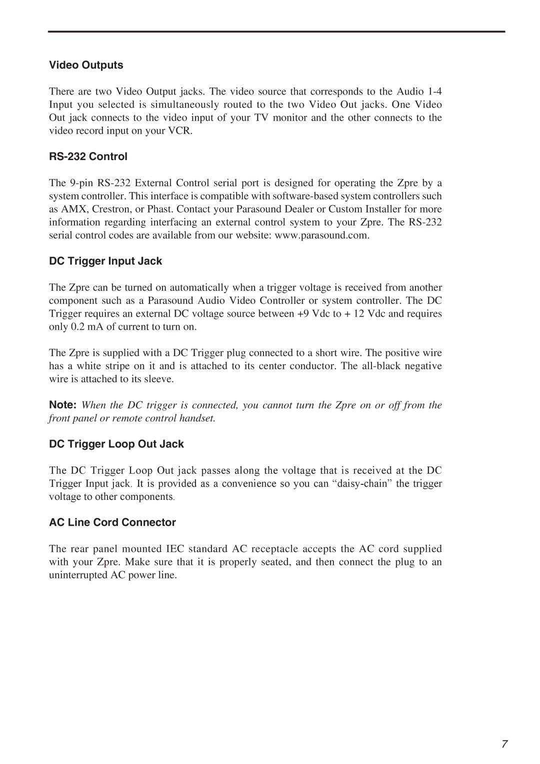 Parasound Zpre Zone Video Outputs, RS-232 Control DC Trigger Input Jack, DC Trigger Loop Out Jack, AC Line Cord Connector 
