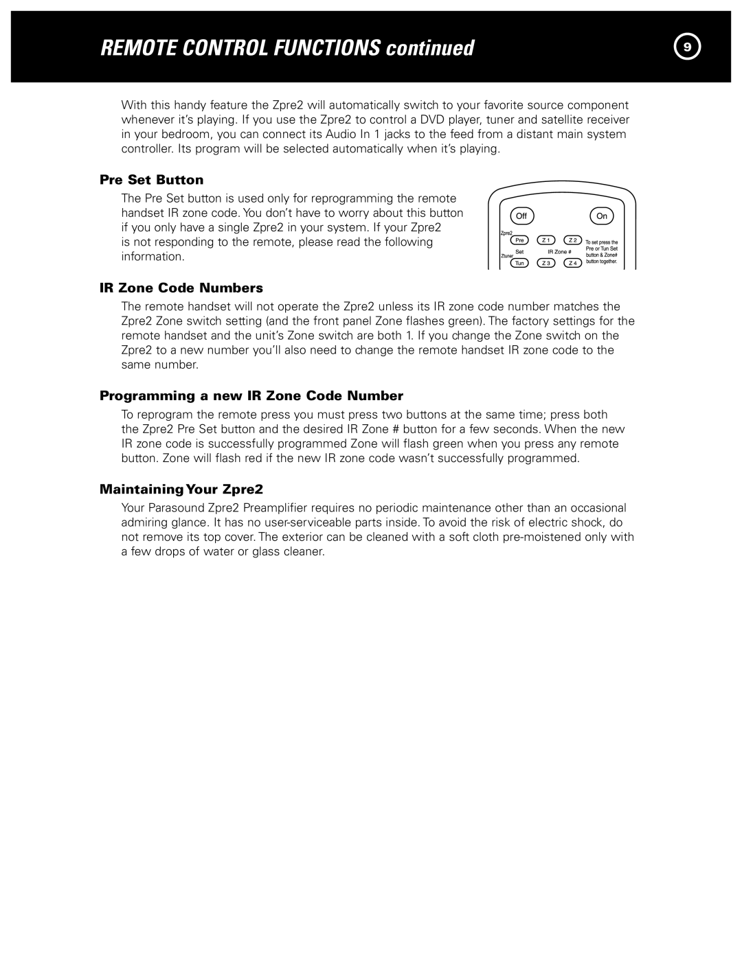 Parasound manual Pre Set Button, IR Zone Code Numbers, Programming a new IR Zone Code Number, Maintaining Your Zpre2 