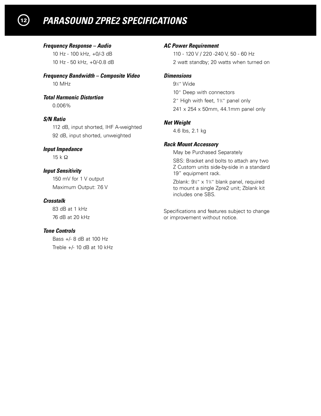 Parasound Zpre2 manual Parasound ZPRE2 Specifications 