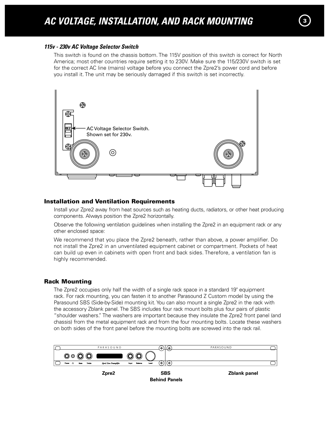 Parasound Zpre2 manual 115v 230v AC Voltage Selector Switch, Installation and Ventilation Requirements, Rack Mounting 