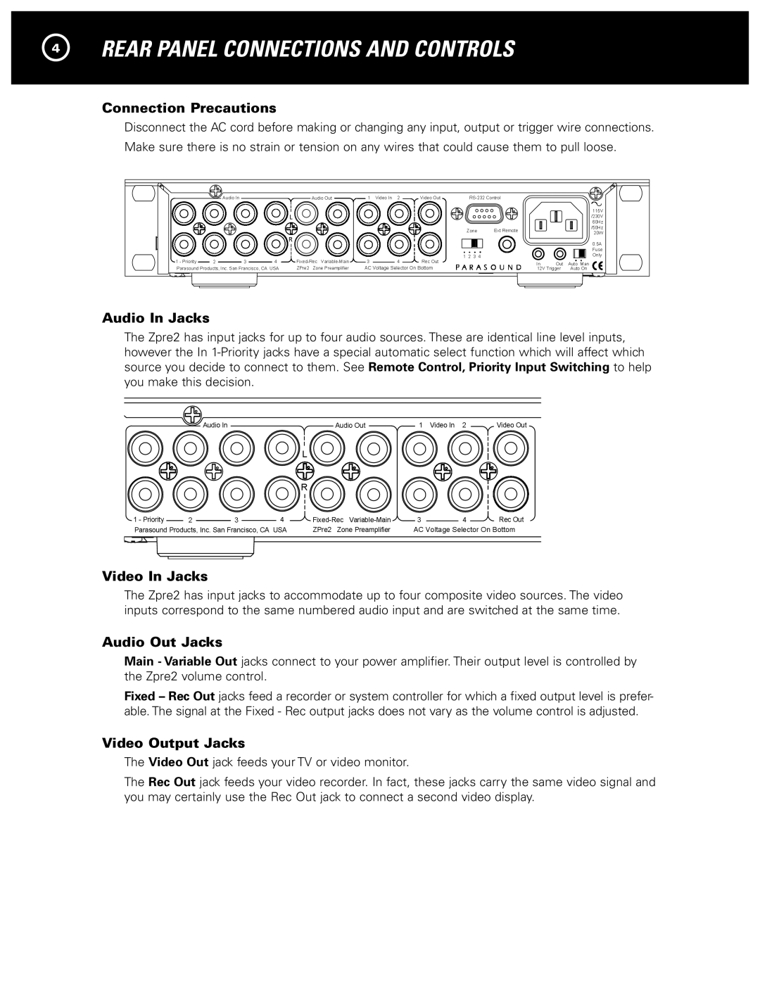 Parasound Zpre2 manual Rear Panel Connections and Controls 