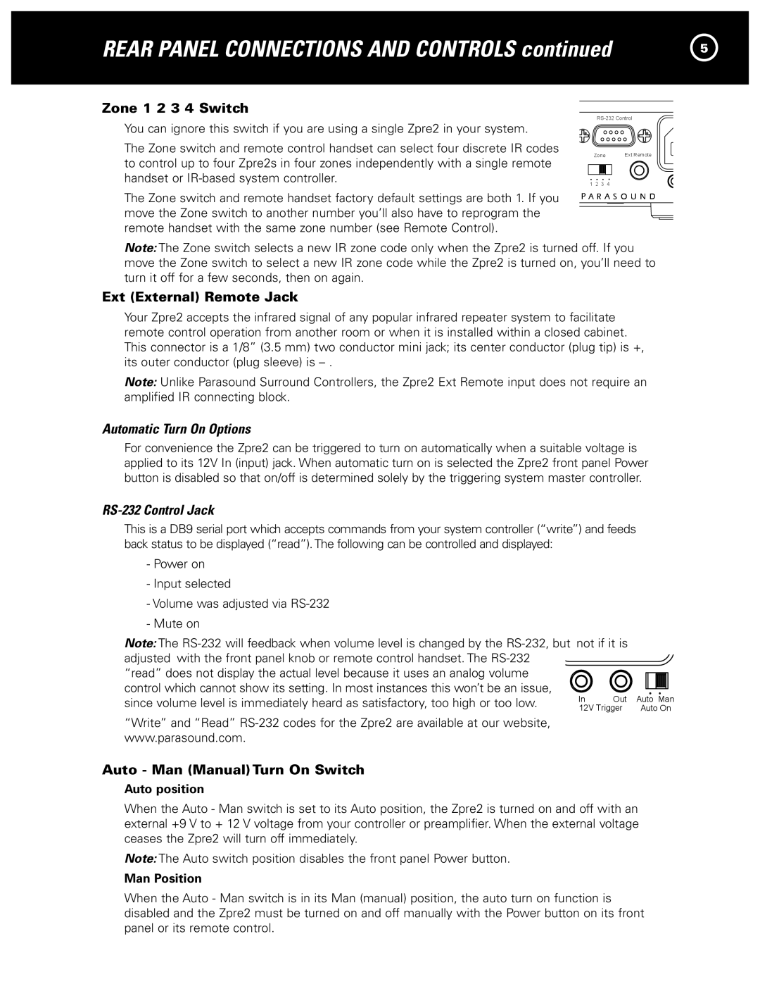 Parasound Zpre2 manual Zone 1 2 3 4 Switch, Ext External Remote Jack, Automatic Turn On Options, RS-232 Control Jack 