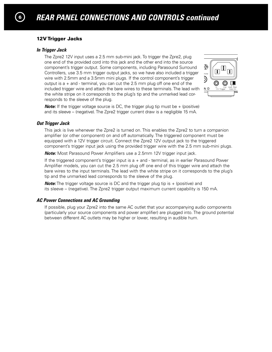 Parasound Zpre2 manual 12V Trigger Jacks, Out Trigger Jack, AC Power Connections and AC Grounding 