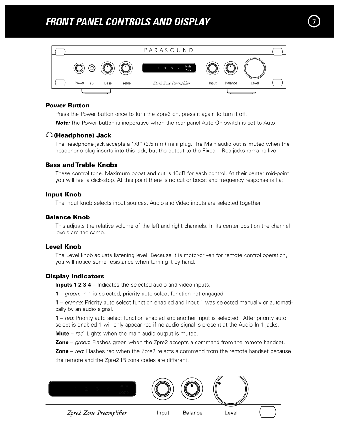 Parasound Zpre2 manual Front Panel Controls and Display 