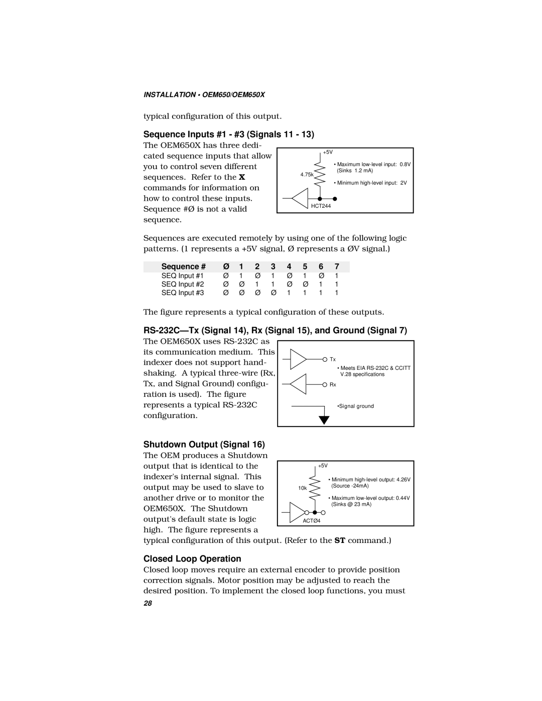 Parker  Products OEM350, OEM650 Sequence Inputs #1 #3 Signals 11, RS-232C-Tx Signal 14, Rx Signal 15, and Ground Signal 