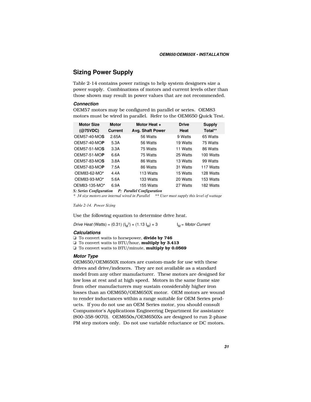 Parker  Products OEM650X, OEM350X manual Sizing Power Supply, Connection, Calculations, Motor Type 