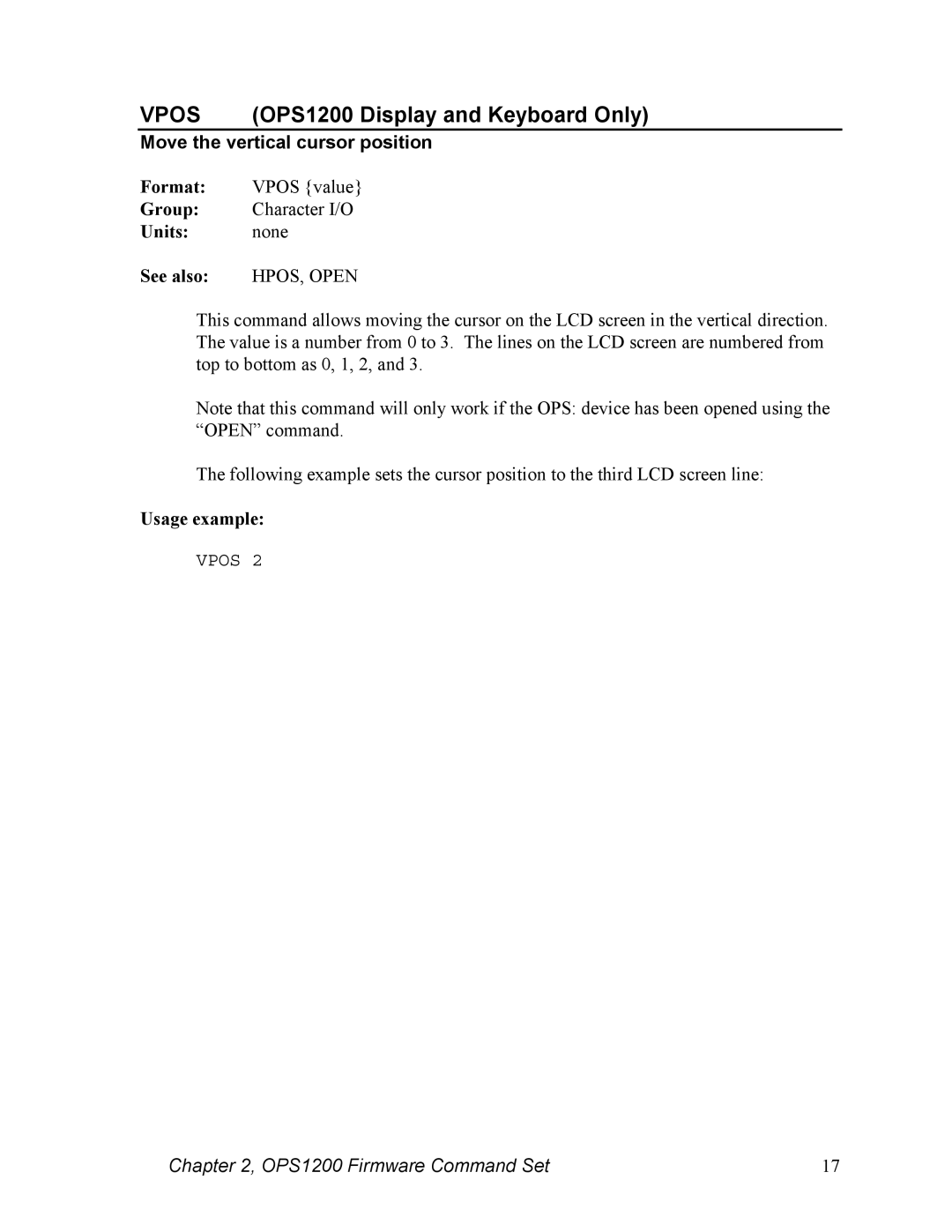 Parker  Products OPS1200 user manual Vpos, Move the vertical cursor position, HPOS, Open 