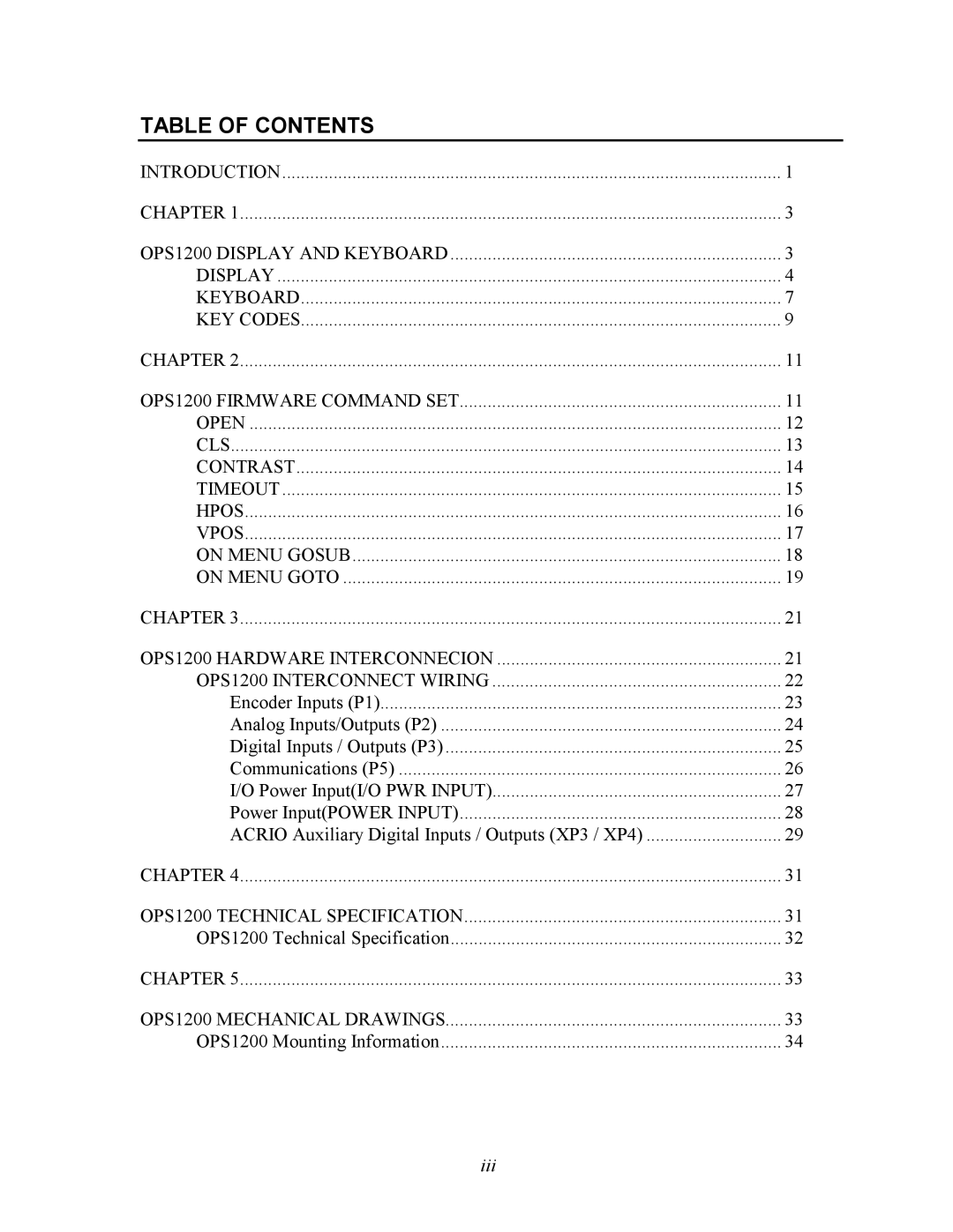 Parker  Products OPS1200 user manual Table of Contents 