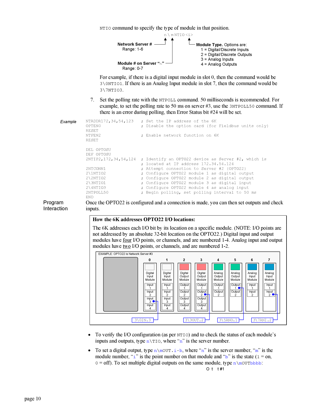 Parker Hannifin GEM6K manual Ntio command to specify the type of module in that position, Inputs, Network Server # 