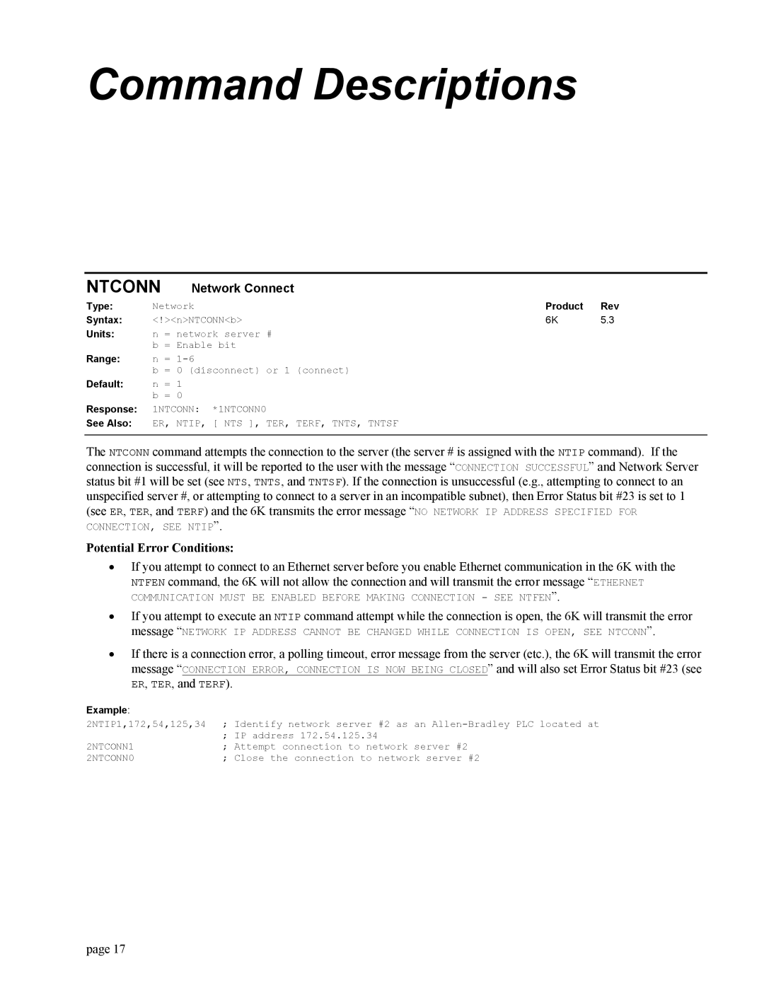 Parker Hannifin GEM6K manual Ntconn, Network Connect, ER, TER, and Terf 