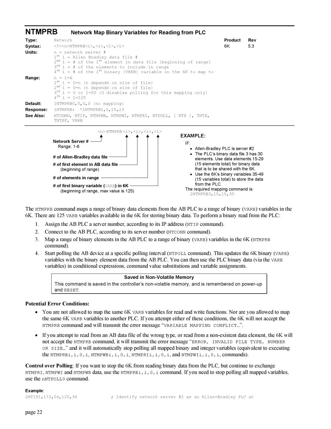 Parker Hannifin GEM6K manual Ntmprb Network Map Binary Variables for Reading from PLC, Example 