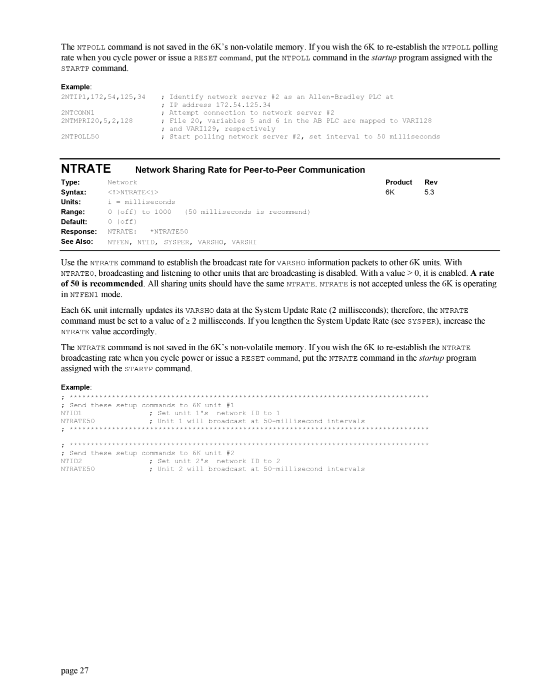 Parker Hannifin GEM6K manual Network Sharing Rate for Peer-to-Peer Communication, Ntrate *NTRATE50 