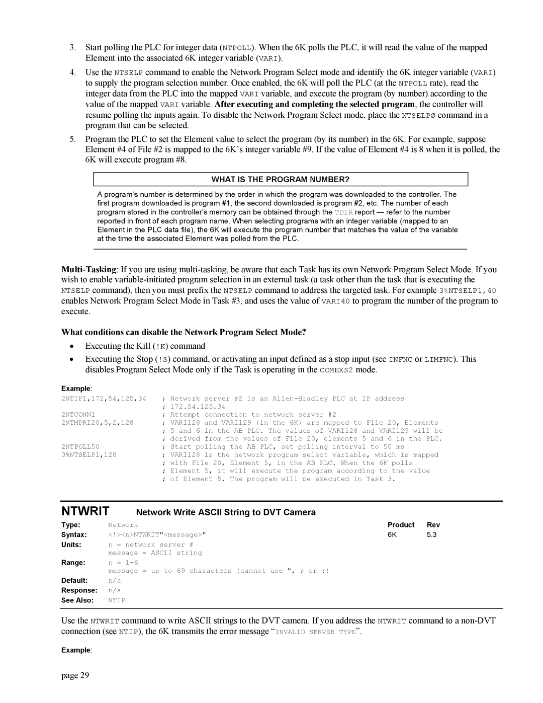 Parker Hannifin GEM6K manual Ntwrit, Network Write Ascii String to DVT Camera, Default Response See Also 