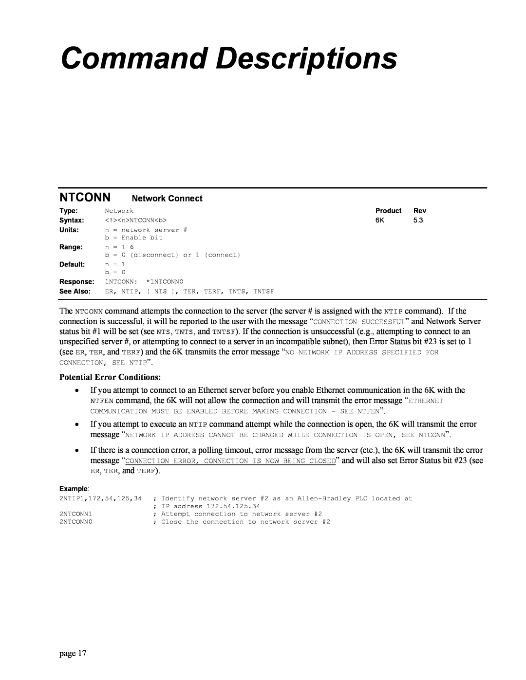 Parker Hannifin GEM6K manual Command Descriptions, Ntconn, Network Connect, Potential Error Conditions 
