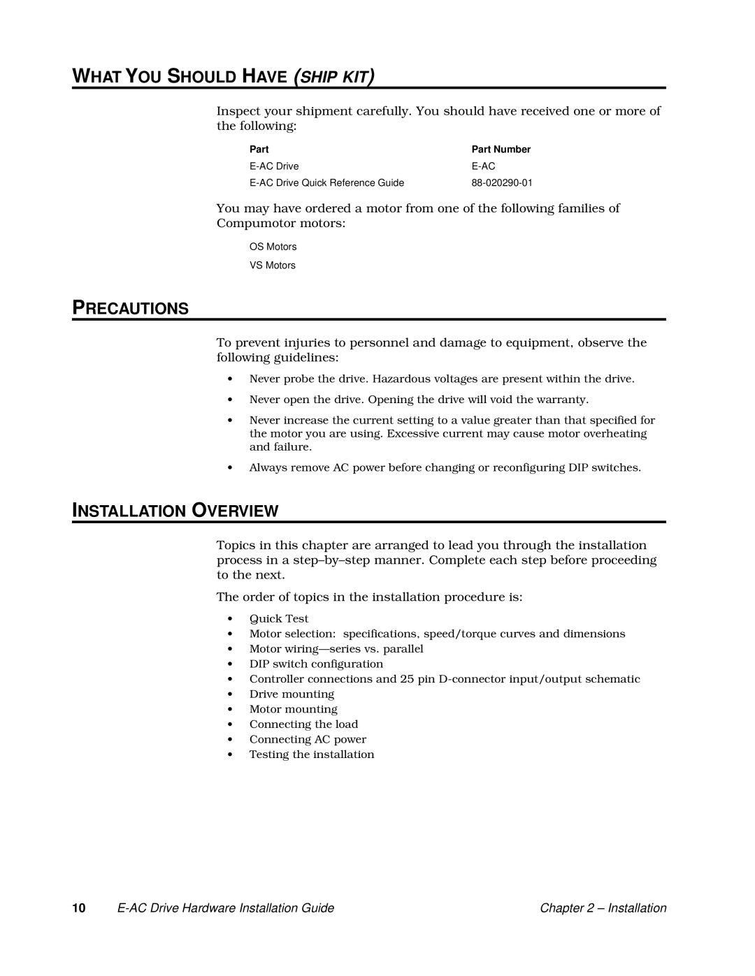 Parker Hannifin 88-020292-01 A manual What YOU should have Ship KIT, Precautions, Installation Overview, Part 