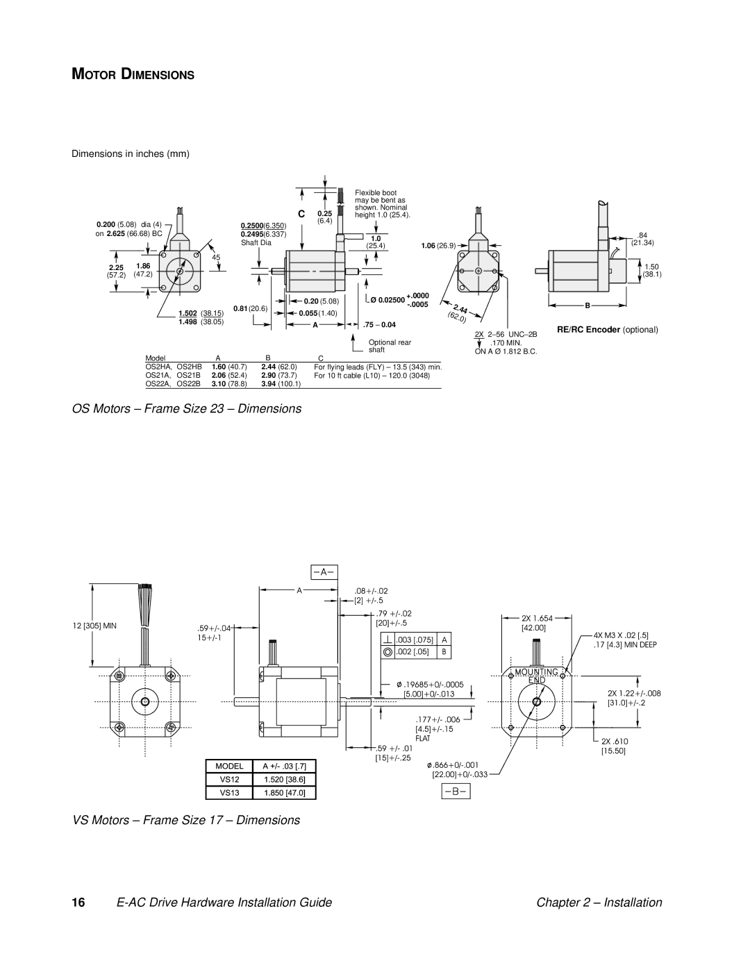 Parker Hannifin 88-020292-01 A manual Motor Dimensions, Dimensions in inches mm 