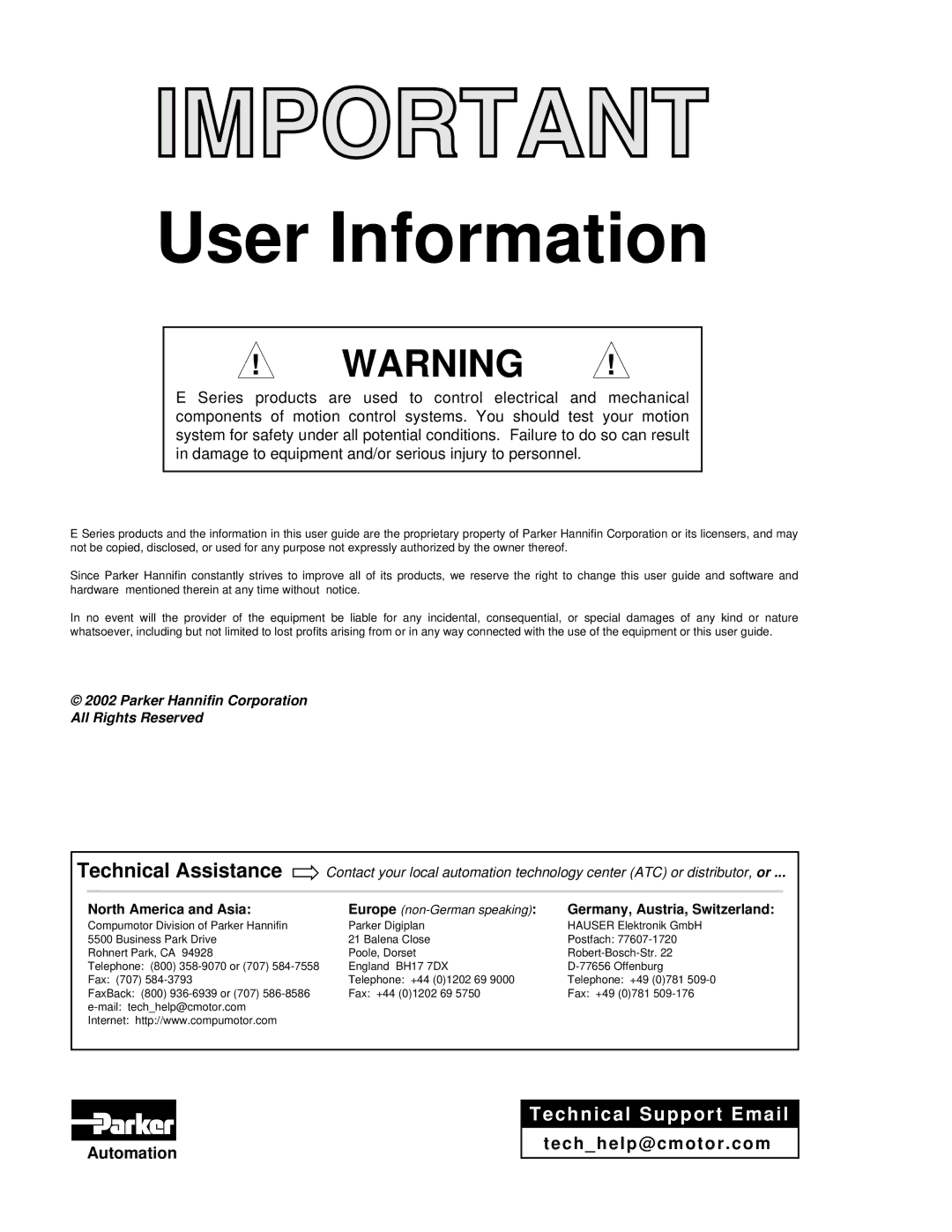 Parker Hannifin 88-020292-01 A manual User Information 