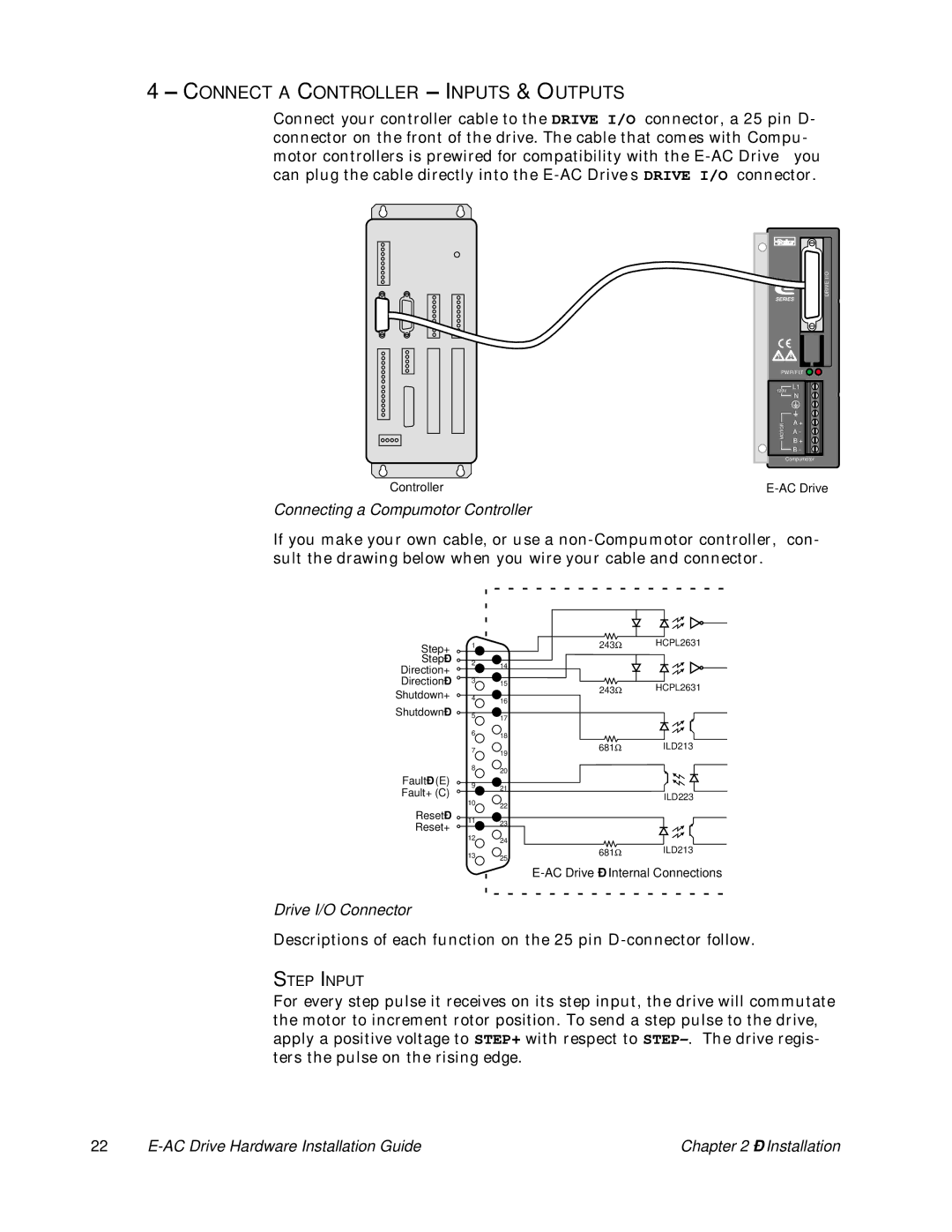 Parker Hannifin 88-020292-01 A Connect a Controller -INPUTS & Outputs, Connecting a Compumotor Controller, Step Input 