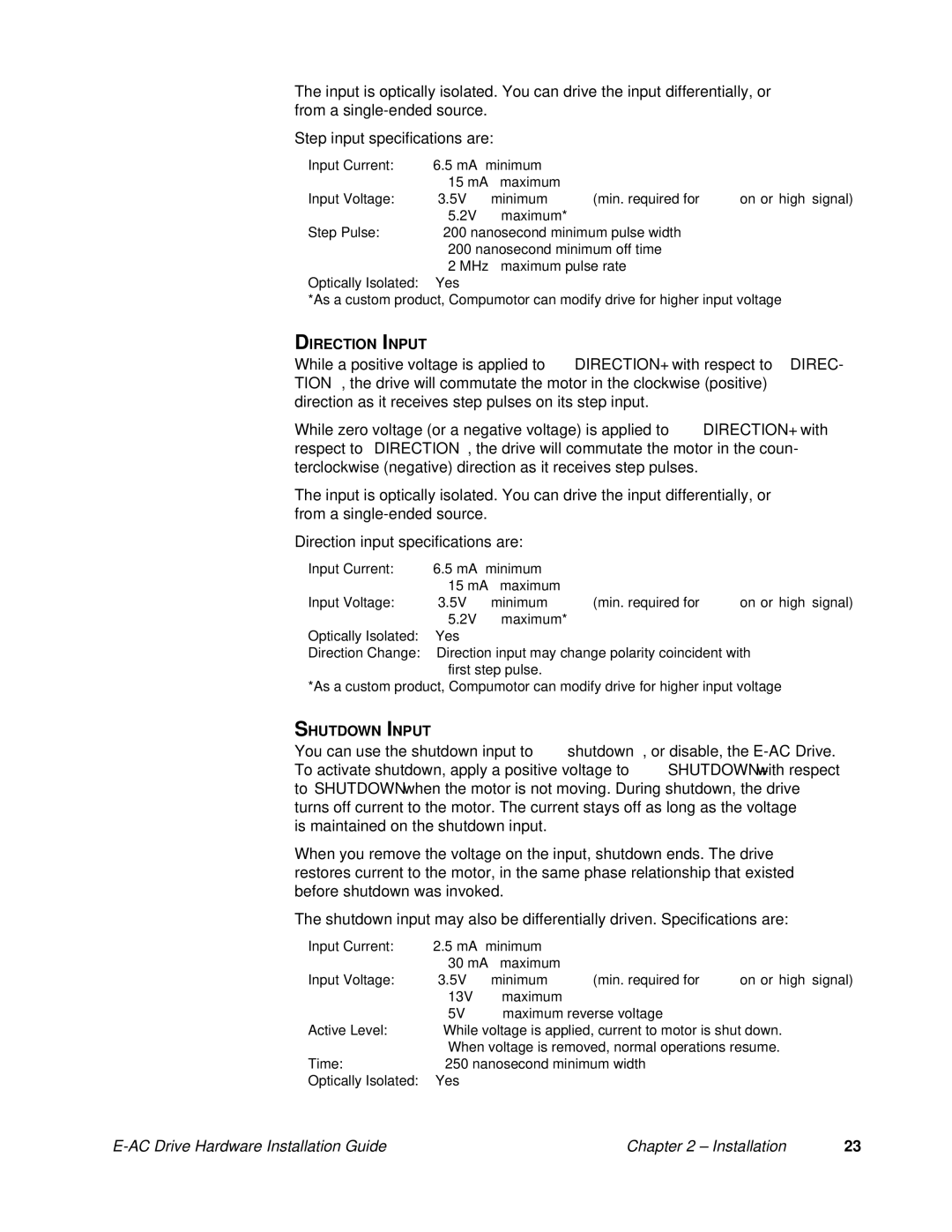 Parker Hannifin 88-020292-01 A manual Direction Input, Shutdown Input 