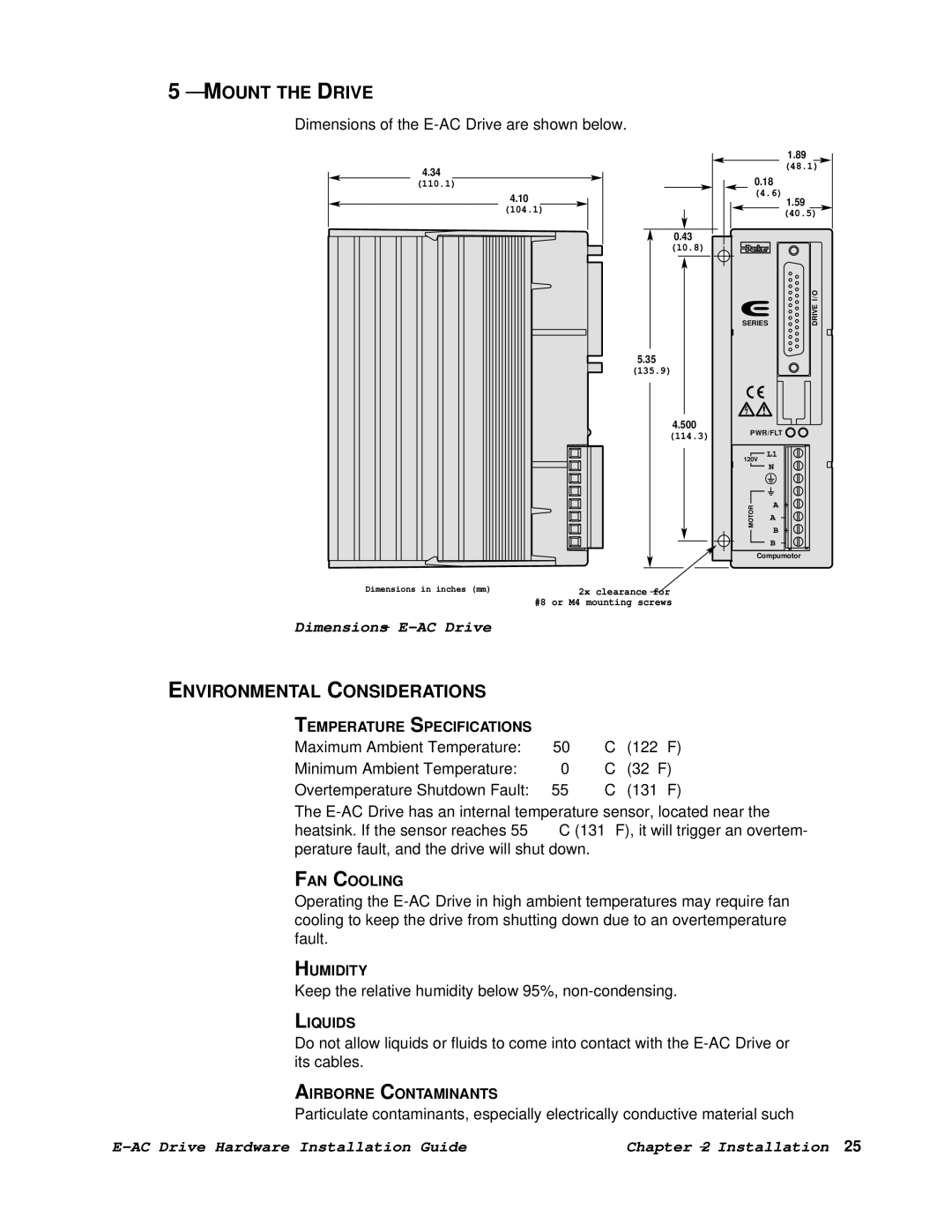 Parker Hannifin 88-020292-01 A manual Mount the Drive, Environmental Considerations, Dimensions E-AC Drive 