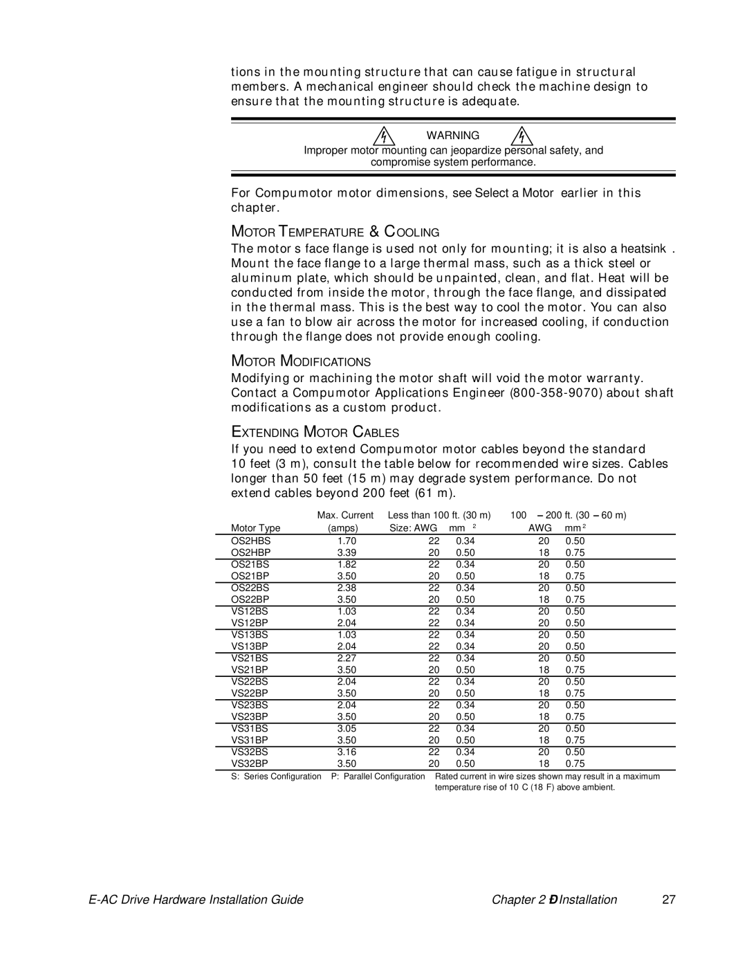 Parker Hannifin 88-020292-01 A Motor Temperature & Cooling, Motor Modifications, Extending Motor Cables, Size AWG Mm2 