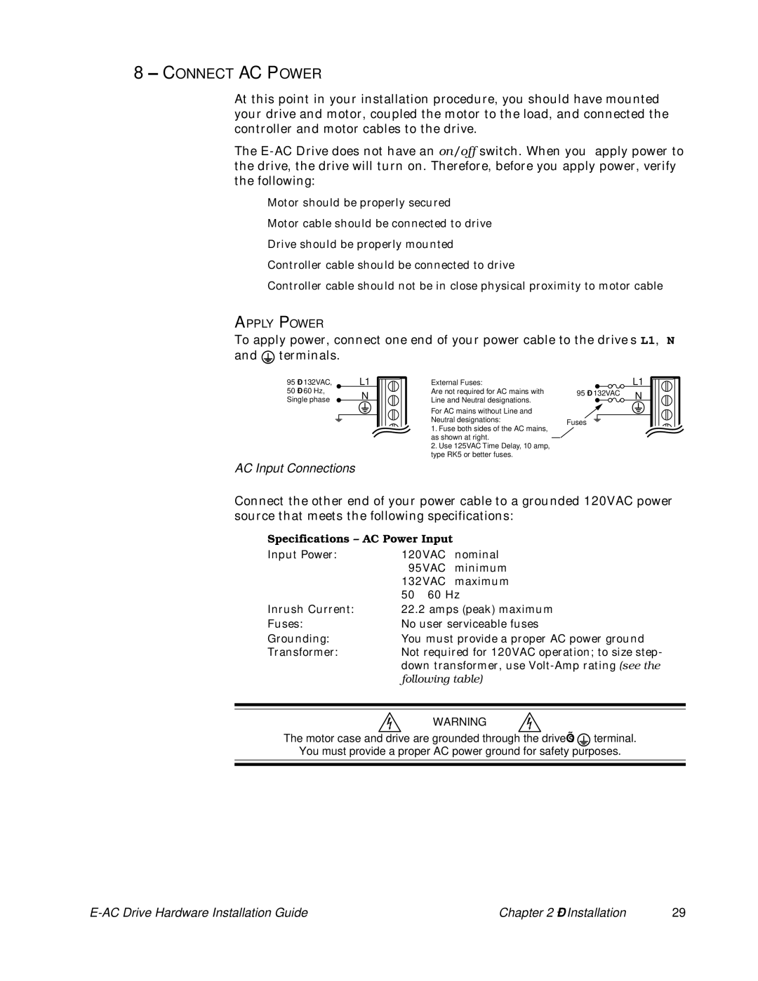 Parker Hannifin 88-020292-01 A manual Connect AC Power, AC Input Connections, Apply Power 