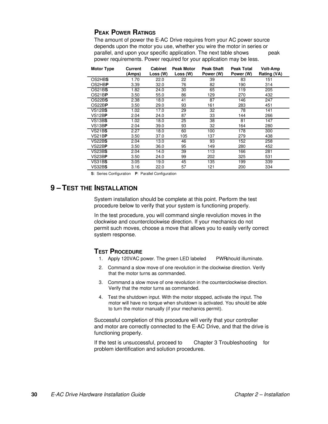 Parker Hannifin 88-020292-01 A manual Test the Installation, Peak Power Ratings, Test Procedure 