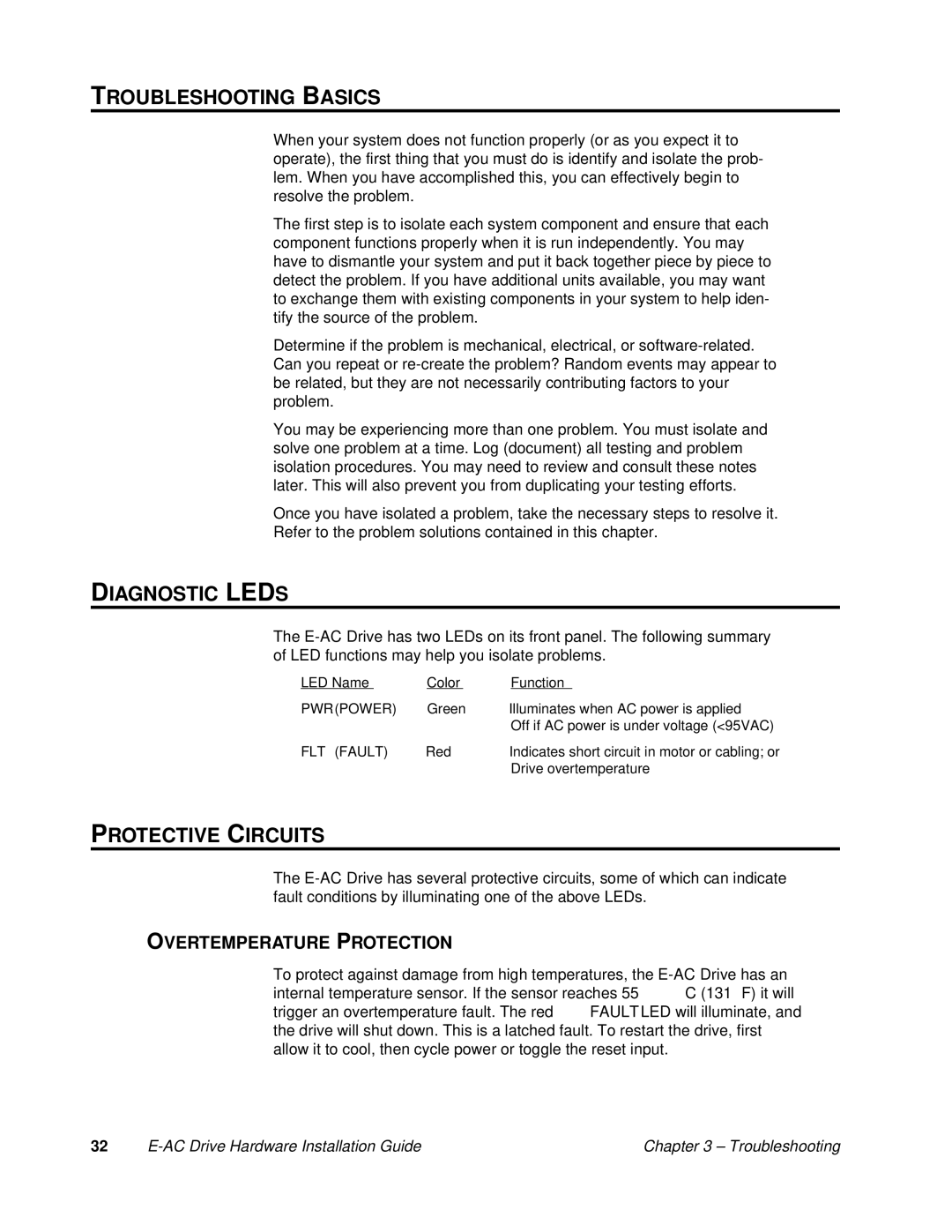 Parker Hannifin 88-020292-01 A Troubleshooting Basics, Diagnostic Leds, Protective Circuits, Overtemperature Protection 