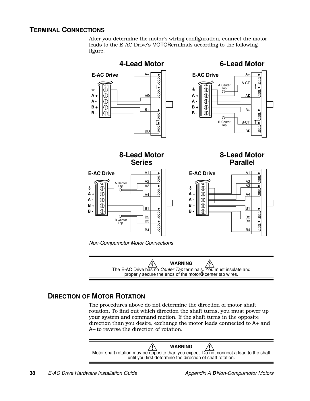 Parker Hannifin 88-020292-01 A manual Terminal Connections, Direction of Motor Rotation, Non-Compumotor Motor Connections 