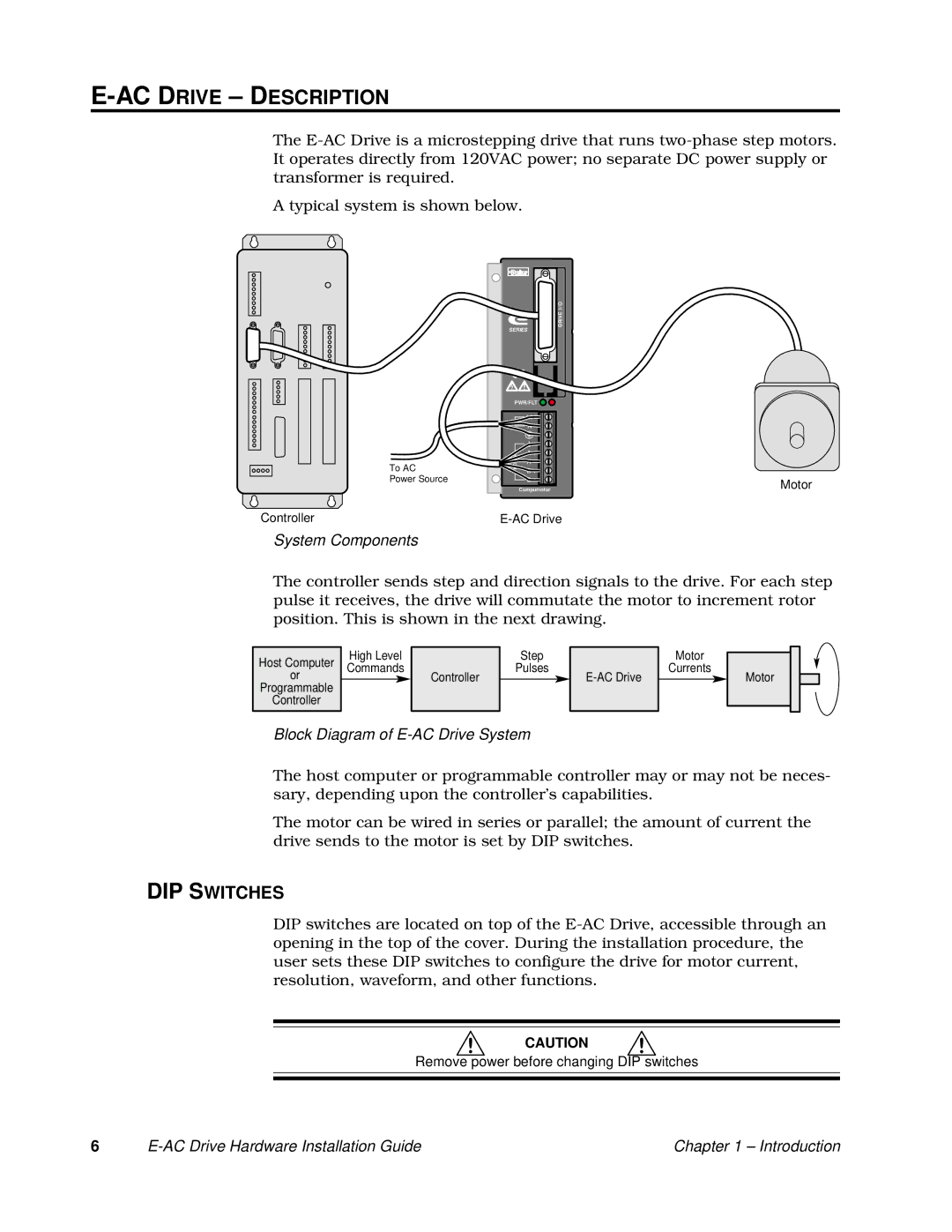 Parker Hannifin 88-020292-01 A AC Drive -DESCRIPTION, DIP Switches, System Components, Block Diagram of E-AC Drive System 