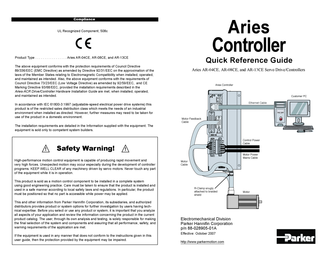 Parker Hannifin AR-04CE manual Controller, Aries, Quick Reference Guide, Safety Warning 