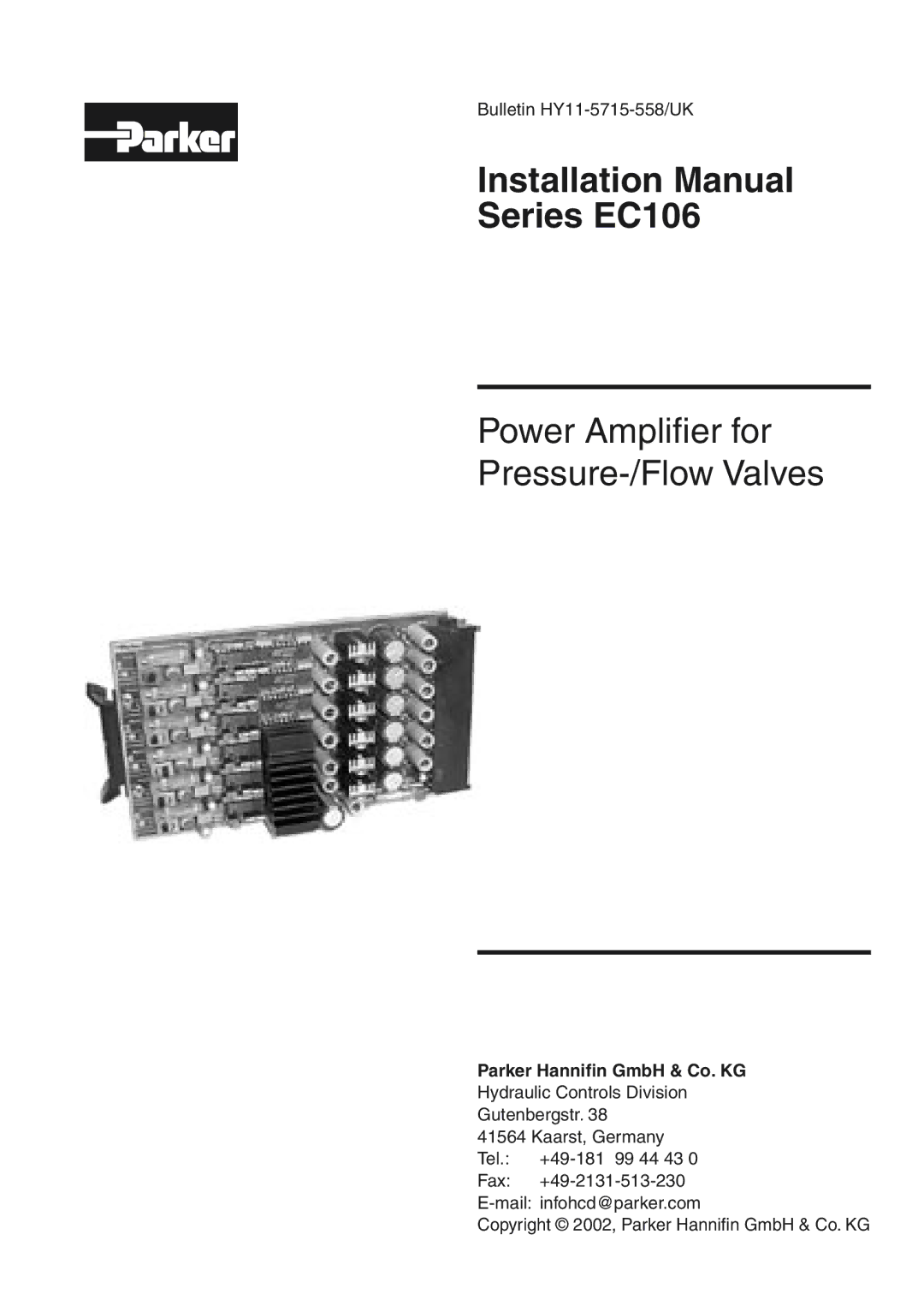 Parker Hannifin installation manual Installation Manual Series EC106, Parker Hanniﬁn GmbH & Co. KG 