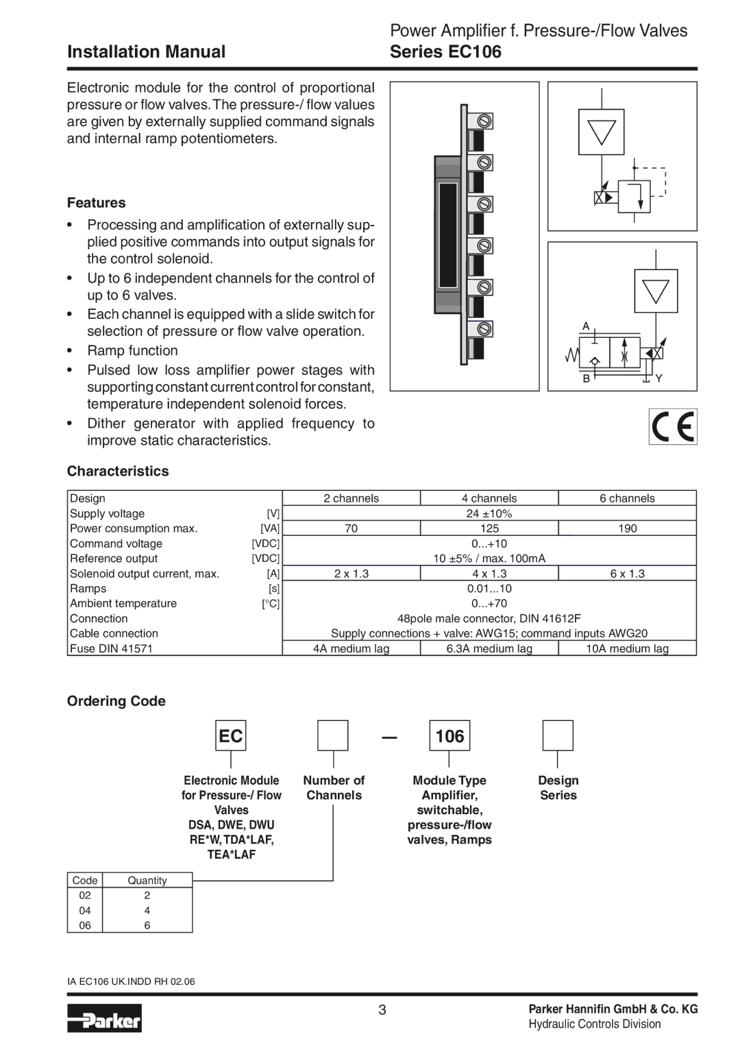 Parker Hannifin EC106 installation manual Features, Characteristics, Ordering Code 