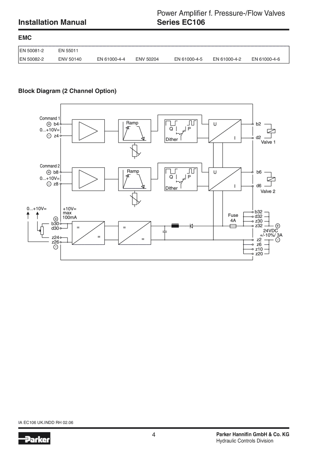 Parker Hannifin EC106 installation manual Emc, Block Diagram 2 Channel Option 