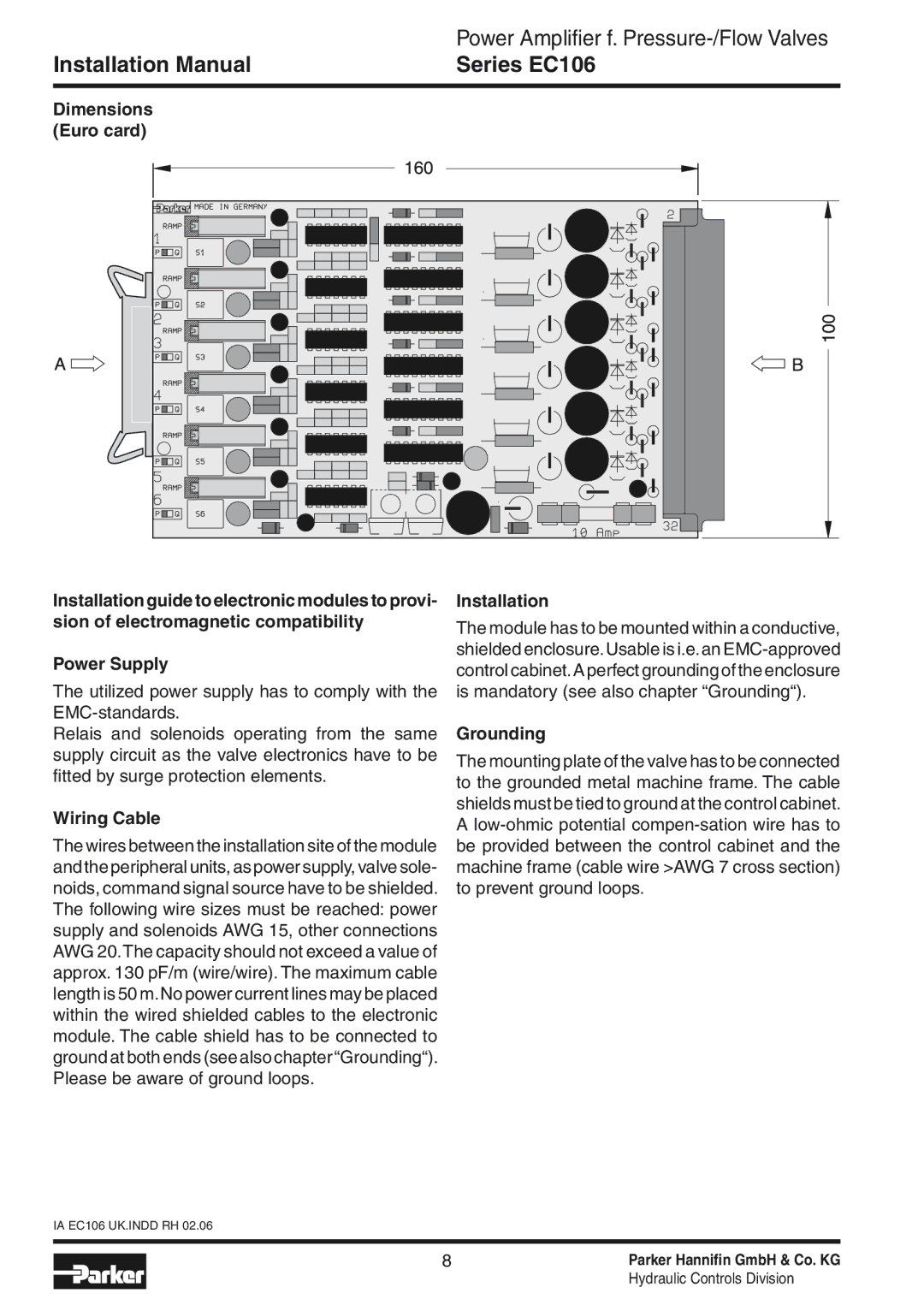 Parker Hannifin EC106 installation manual Dimensions Euro card, Power Supply, Wiring Cable, Installation, Grounding 