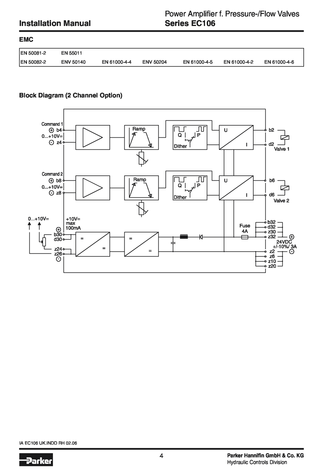 Parker Hannifin Block Diagram 2 Channel Option, Installation Manual, Series EC106, IA EC106 UK.INDD RH 