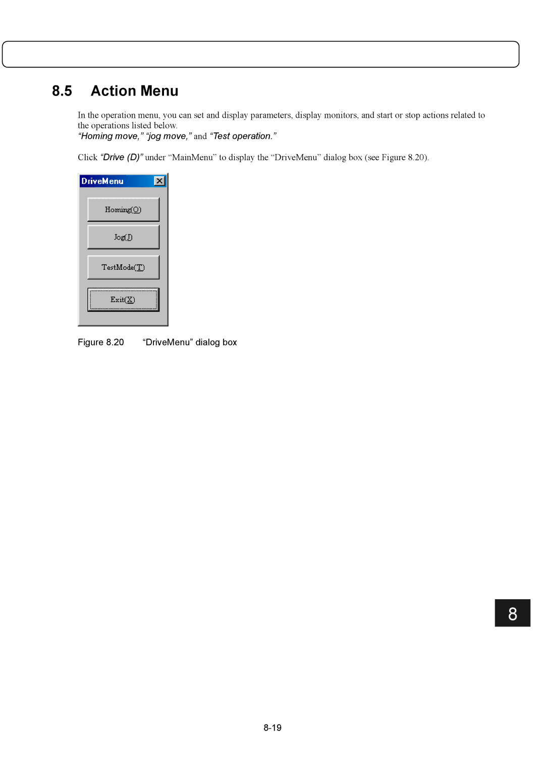 Parker Hannifin G2 manual Action Menu, DriveMenu dialog box 