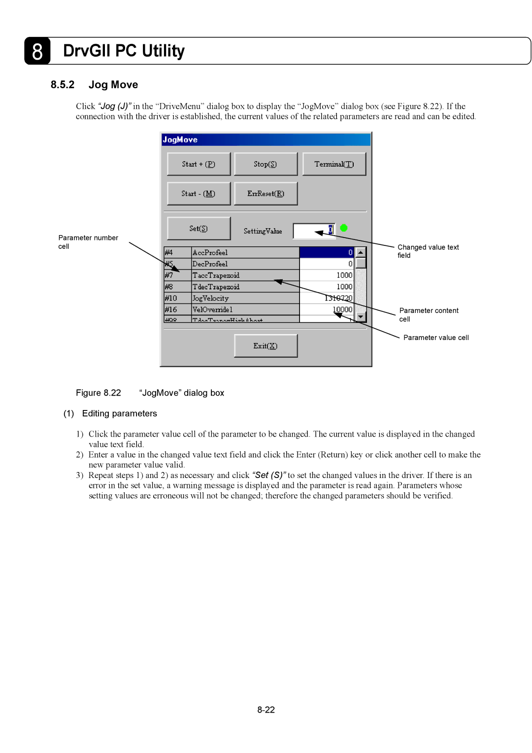 Parker Hannifin G2 manual JogMove dialog box Editing parameters 