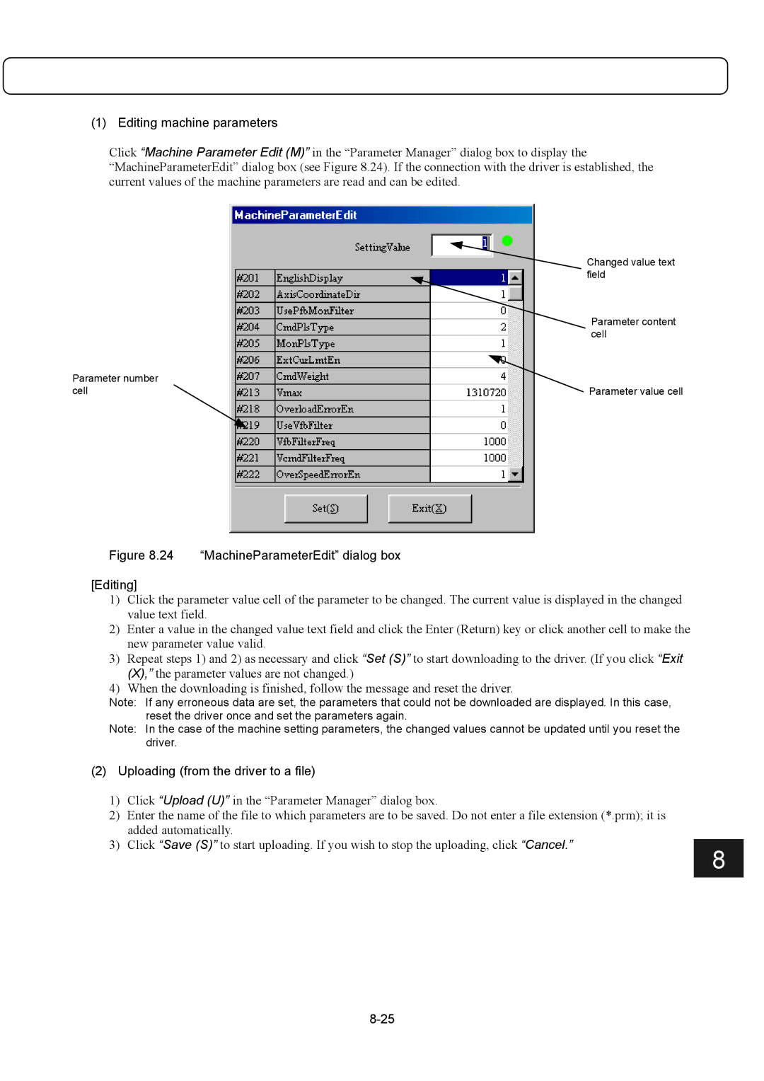 Parker Hannifin G2 manual Editing machine parameters, Uploading from the driver to a file 