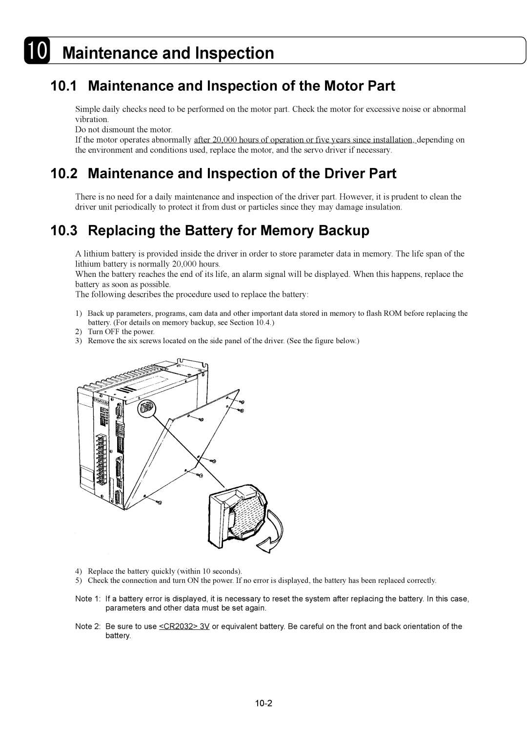 Parker Hannifin G2 manual Maintenance and Inspection of the Motor Part, Maintenance and Inspection of the Driver Part, 10-2 