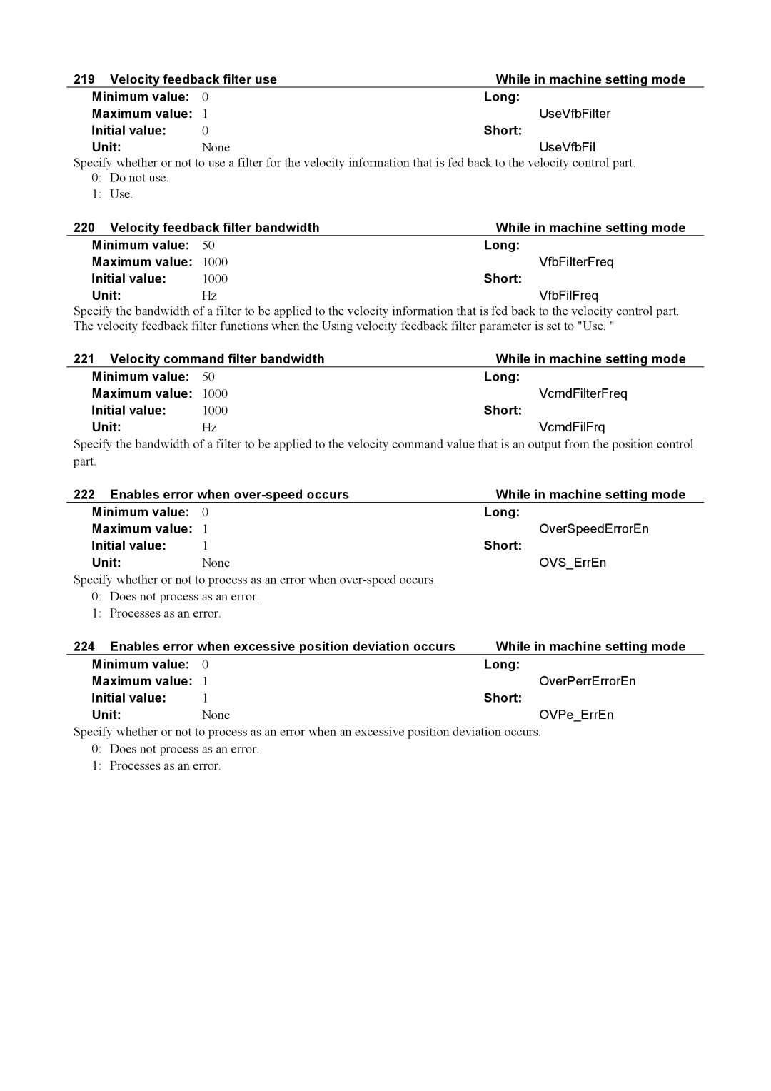 Parker Hannifin G2 manual UseVfbFil, VfbFilterFreq, Unit VfbFilFreq, VcmdFilterFreq, Unit VcmdFilFrq, OVSErrEn, OVPeErrEn 