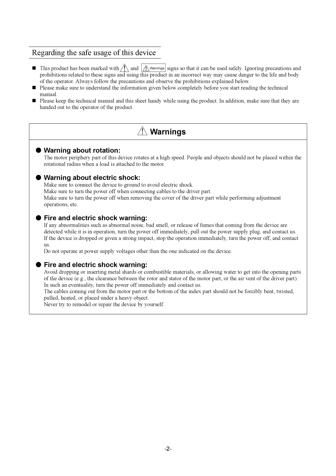 Parker Hannifin G2 manual Regarding the safe usage of this device, Fire and electric shock warning 