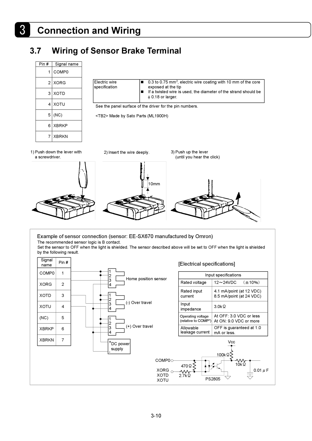 Parker Hannifin G2 manual Wiring of Sensor Brake Terminal, Electrical specifications 