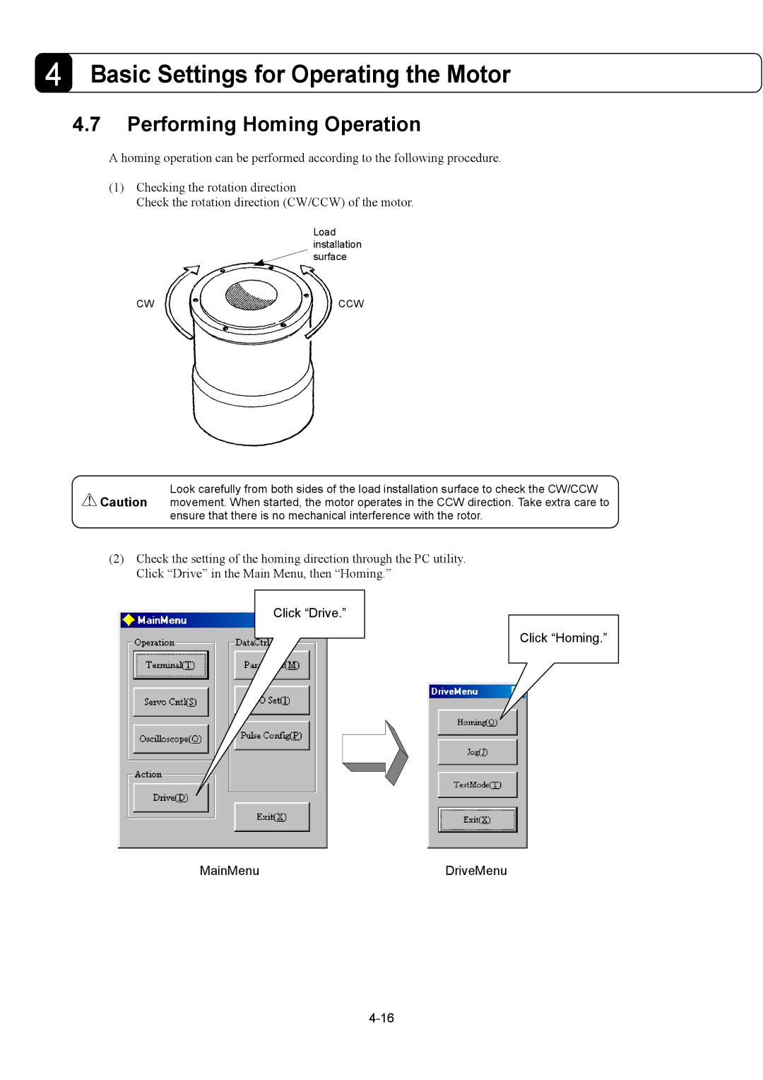 Parker Hannifin G2 manual Performing Homing Operation, Click Drive Click Homing MainMenu DriveMenu 