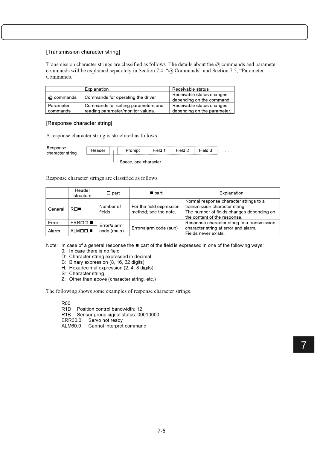 Parker Hannifin G2 manual Transmission character string, Response character string 